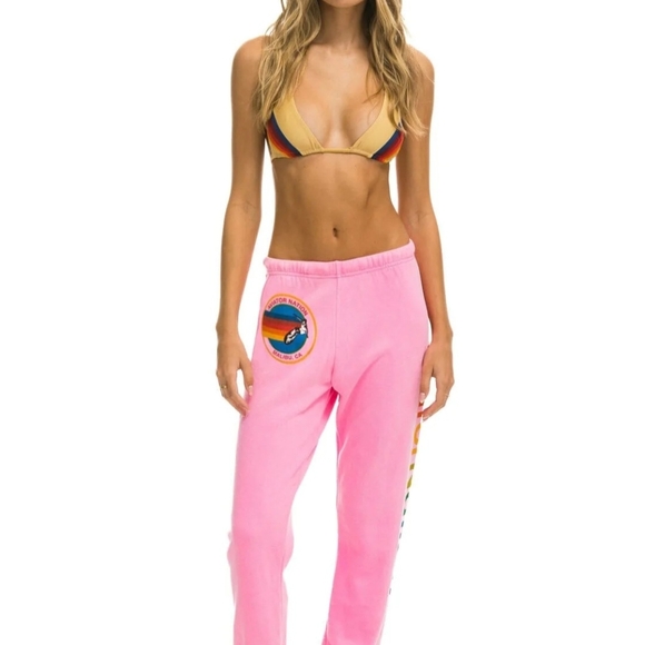 Aviator Nation Pants - Aviator Nation Pink Sweatpants with Rainbow Logo and Side Stripe